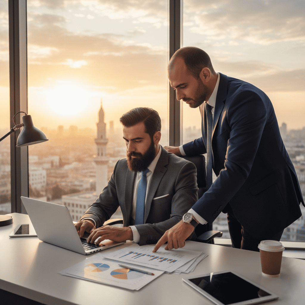  Professionals studying HR Management Master's degree in a modern Muscat office. 